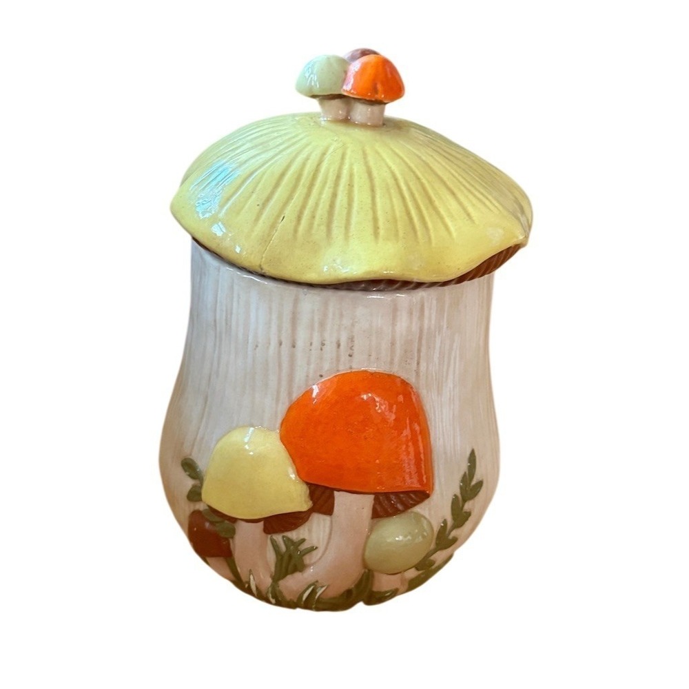 Vintage Arnel's Merry Mushroom Canister Jar w/ Lid Yellow Top Orange Sears 10"